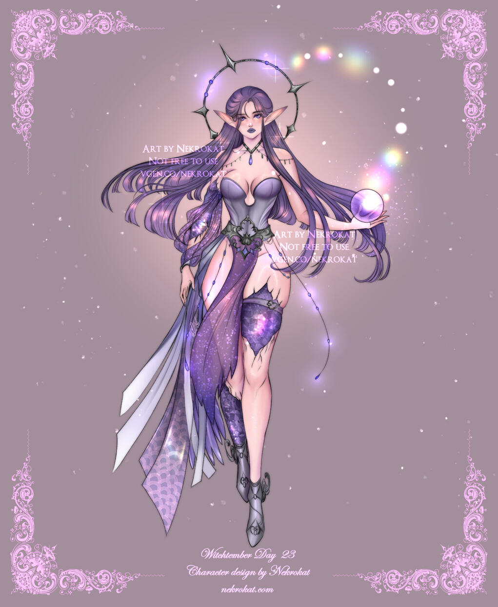 Crystal - Crystalline Seer; bends colors to see through space and time - a celestial entity with amethyst under her skin - the cracks glow with iridescent light.