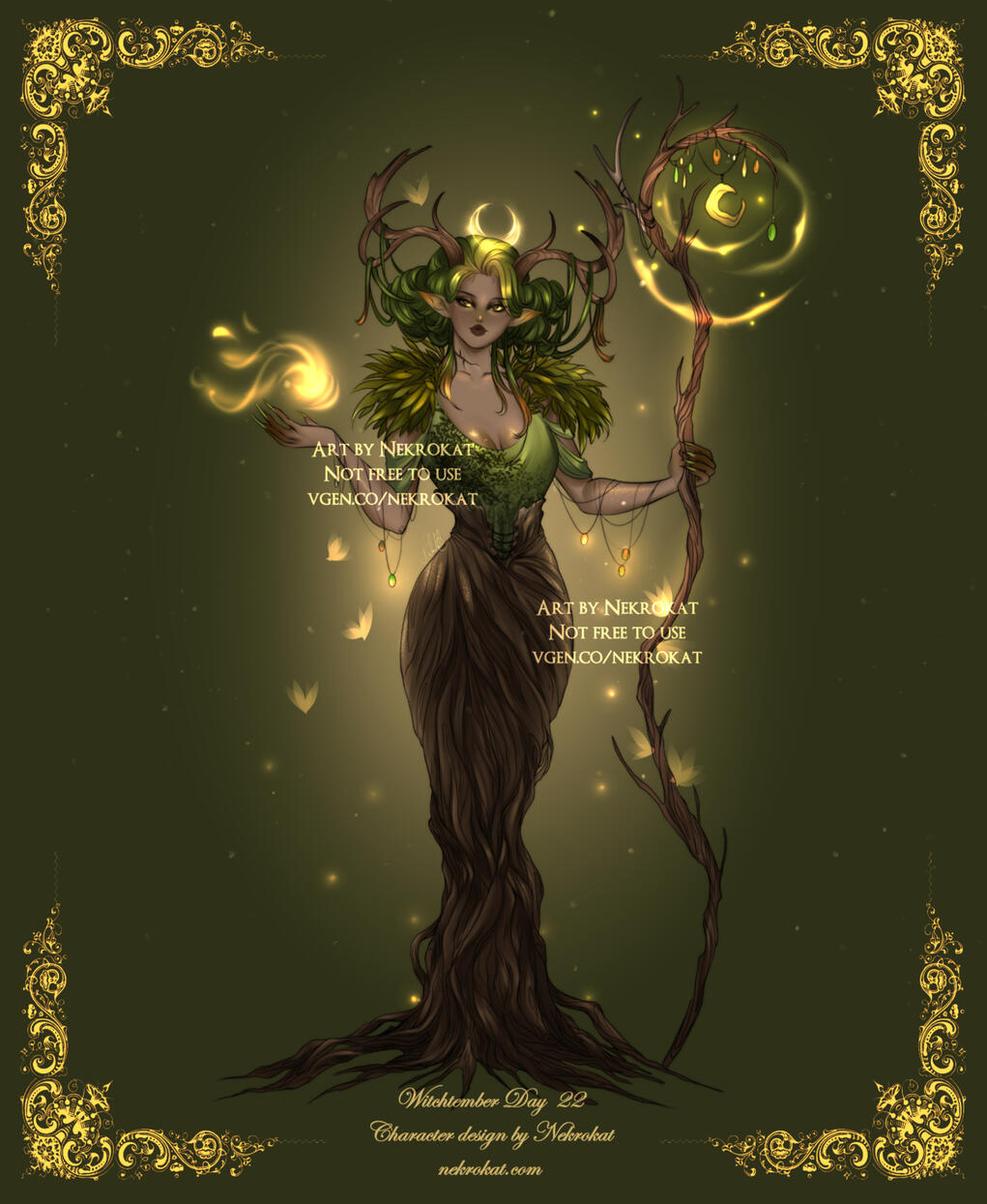 Forest - Once an elven child left in a barren land full of ash and destruction. Her spark of hope and connection to nature raised a lush forest around her over the centuries. Now she's one with the forest, maintaining balance between life and decay. Her fi