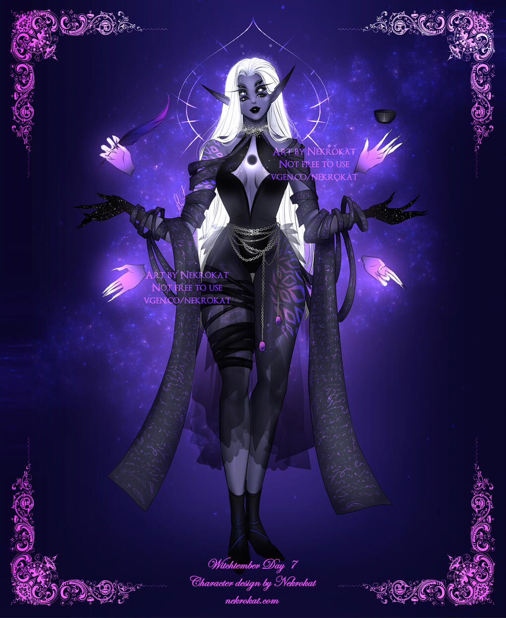 Void - Scribe of the old gods, writer of eldritch invocations and summoner guides. Spellcrafter with additional hands to fill the scrolls of the void. Often wraps her notes around herself to see visions more clearly.