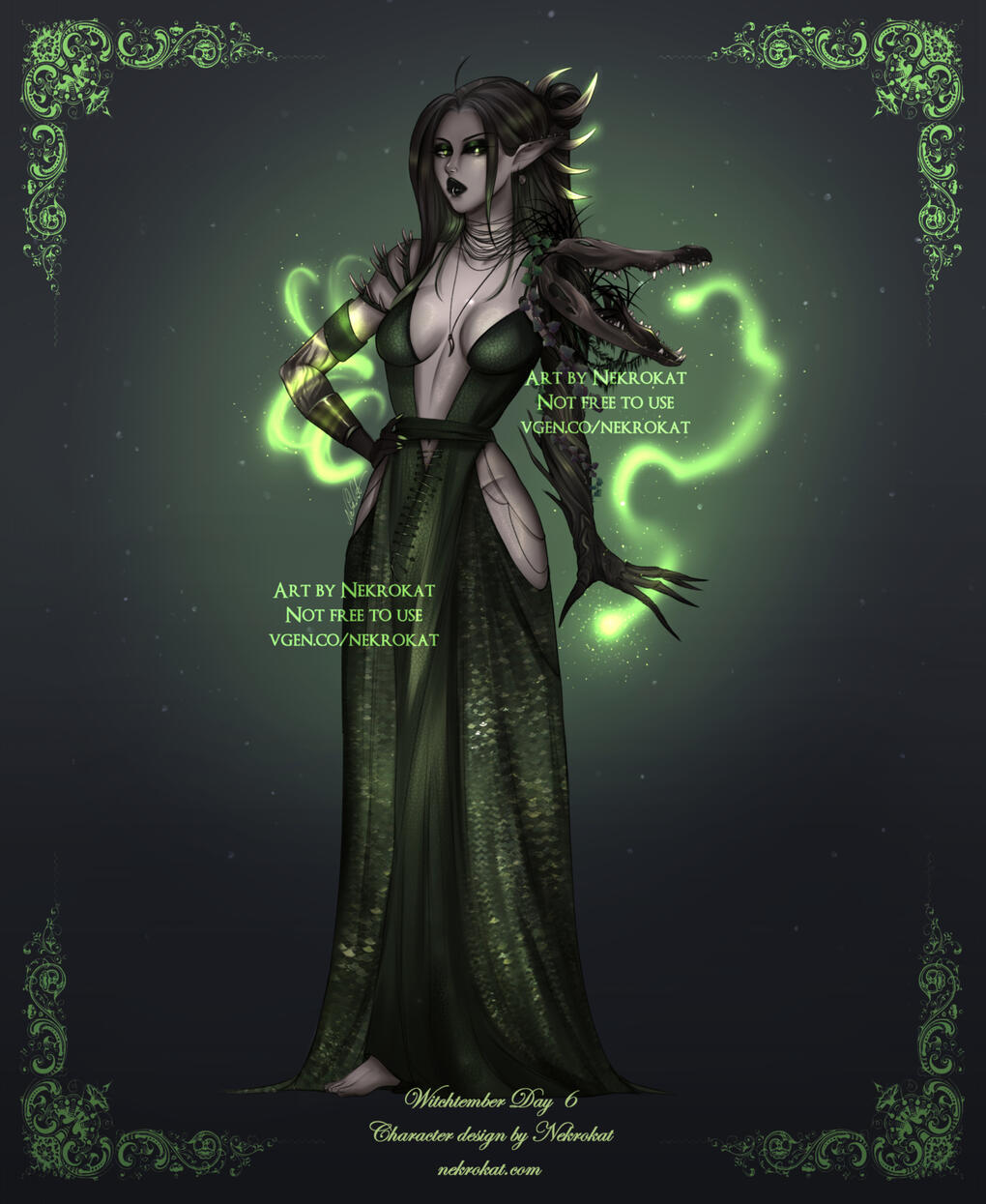 Swamp - A maniac spellweaver who already lost her arm due to her hunger for power; now the other is getting corrupted aswell. She creates magical trinkets made from drowned creatures in her swamp.