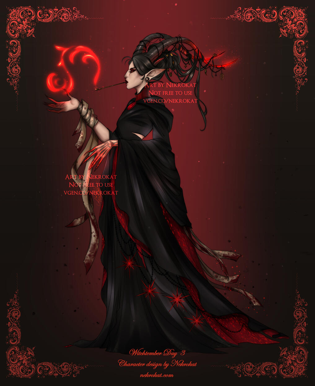 Goat - Sorceress of Baphomet - a witch with endless knowledge about the eldritch; she can conjure hellfire through her pipe, her body is partially eaten by flames.